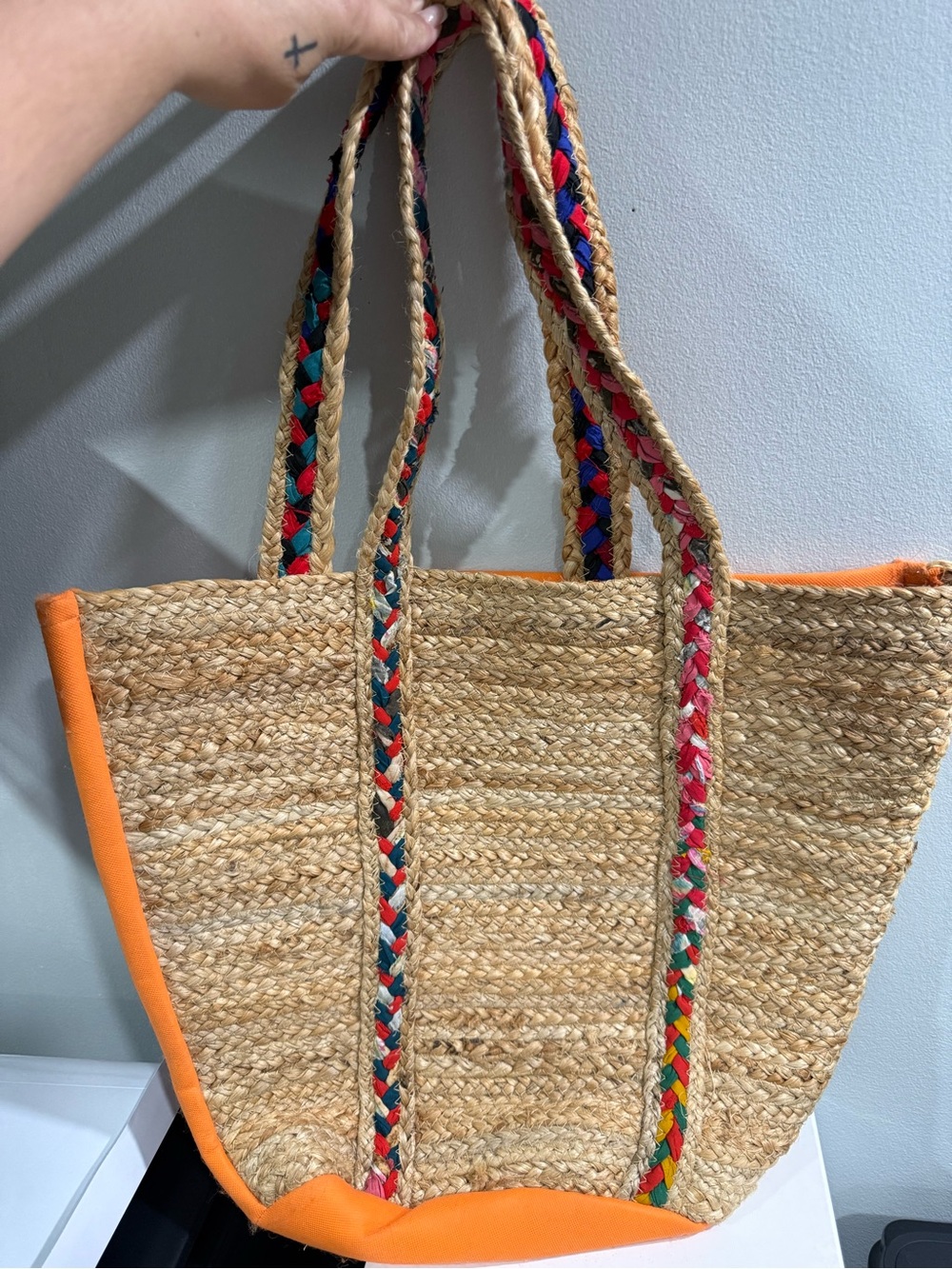 Woven Straw Tote Bag with Colorful Braided Handles - Unbranded